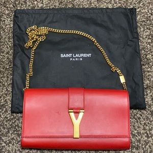 YSL Classic Red Leather Ligney Y Logo Clutch